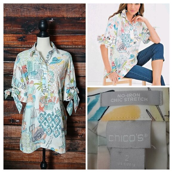 NWT Chicos Tunic Top Size 2 US 12 No Iron Paradise 3/4 Tie Sleeve Popover - Picture 1 of 13